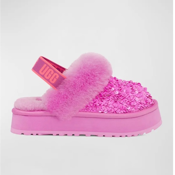 UGG Shoes - UGG Pink Chunky Sequin Funkette Shearling Logo Slippers New